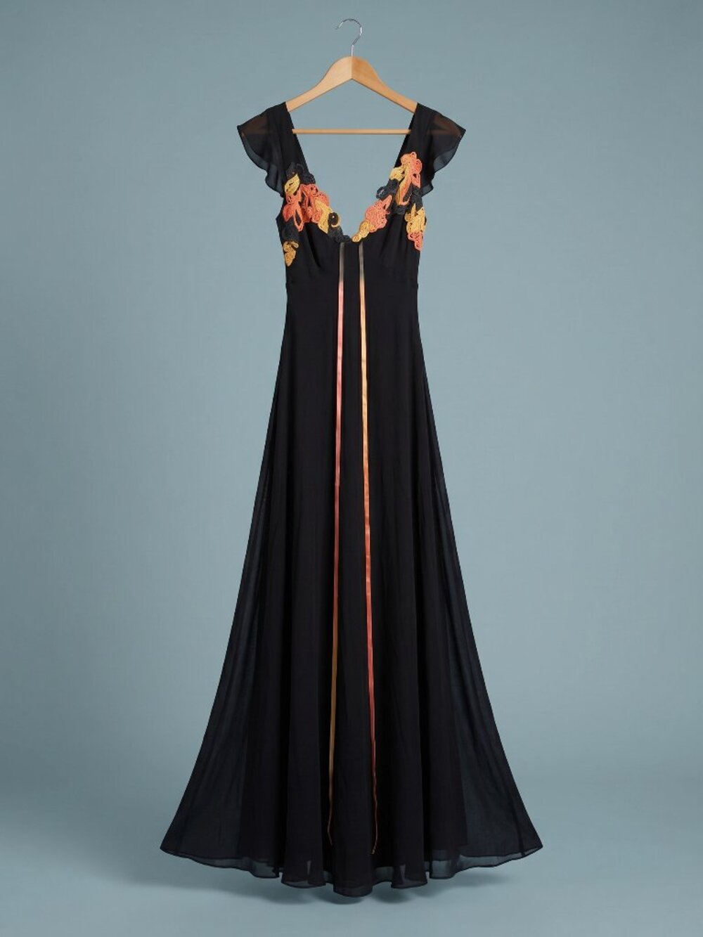 Only Hearts NYC Helena Stuart Black Floral Appliqué Maxi Dress NWT
